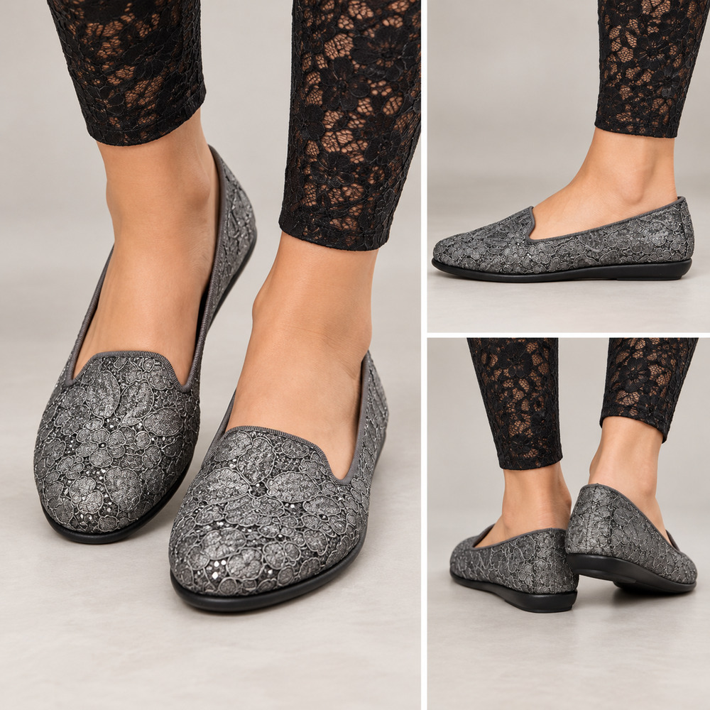 Aerosoles Betunia Silver Floral Lace Loafer Flats 6W Sparkle Slip On New In Box